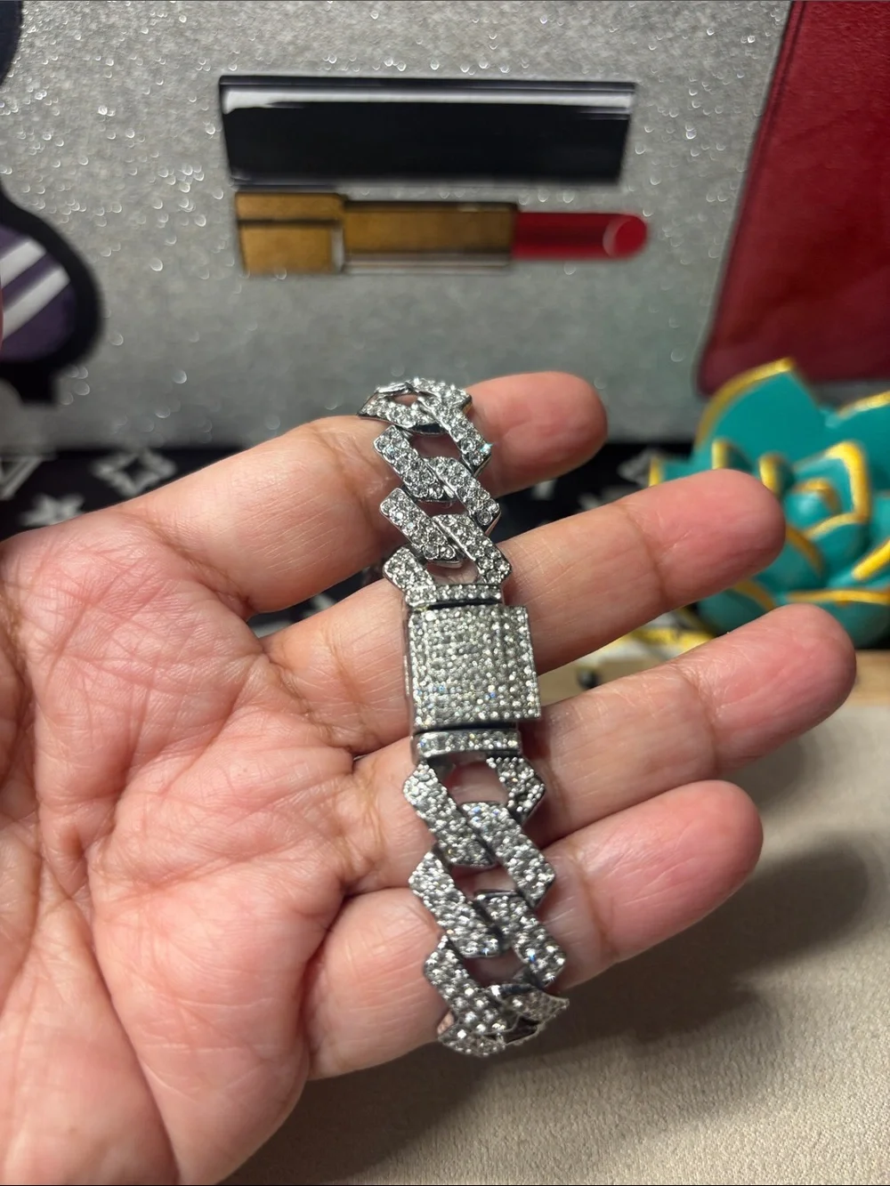 8”Men's Silver-Tone Paved Cuban Link Bracelet with Clear Crystals